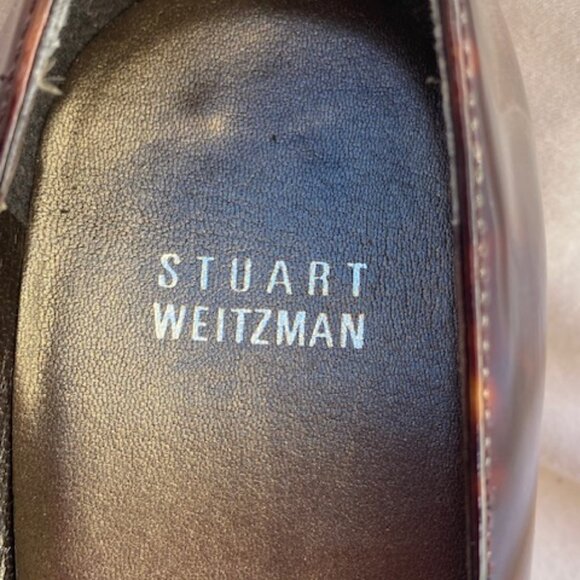 Stuart Weitzman "Over It" Cognac Tartaruga Patent Peep Toe Heels Size 8.5 - Picture 9 of 9
